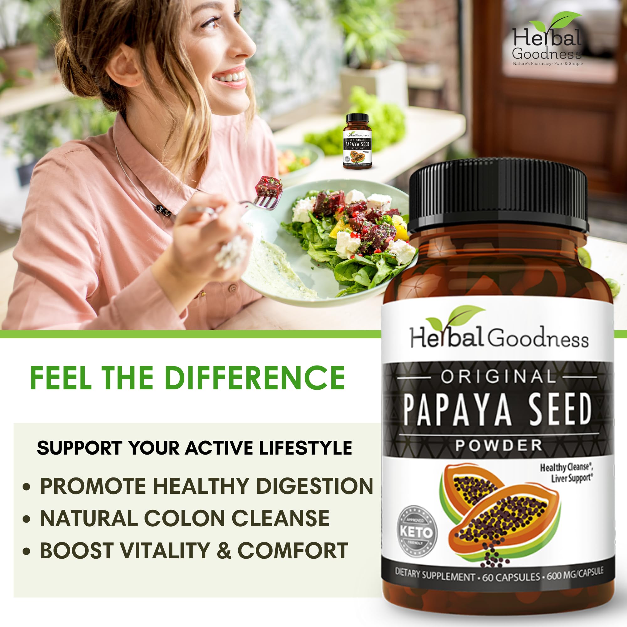 Herbal Goodness Papaya Seeds Powder label emphasizes organic, gluten-free quality.