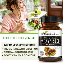 Herbal Goodness Papaya Seeds Powder label emphasizes organic, gluten-free quality.