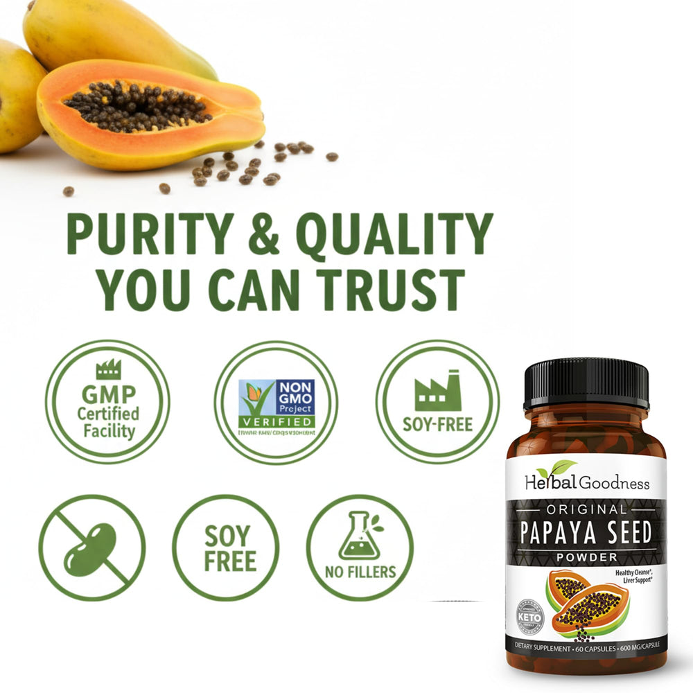 Herbal Goodness Papaya Seeds Powder certification icons on box indicate trust.
