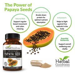 Herbal Goodness Papaya Seeds Powder packaging on shelf signals non-GMO and vegan standards.