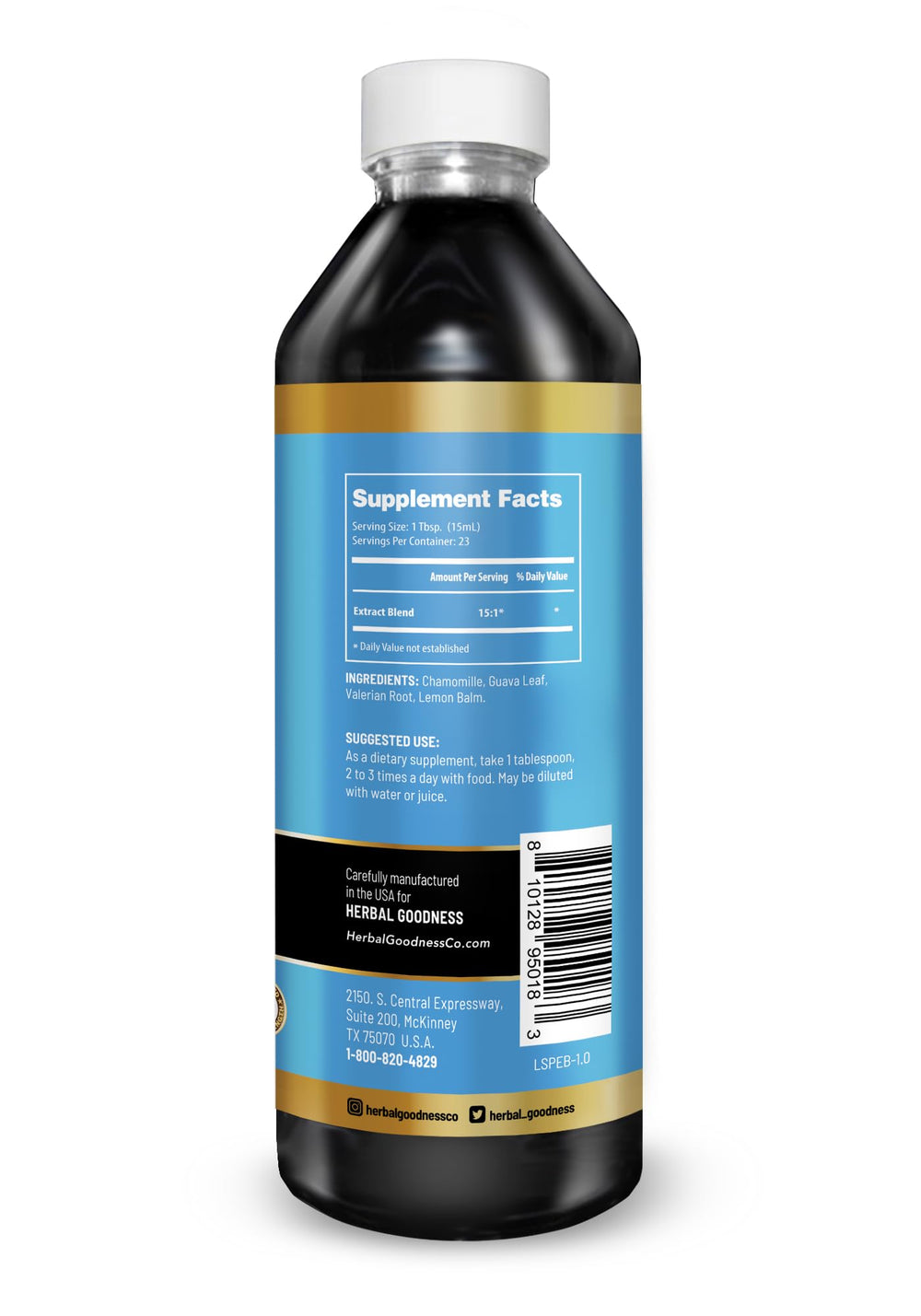 Herbal Goodness Serenity Liquid Extract label highlighting chamomile and valerian for relaxation
