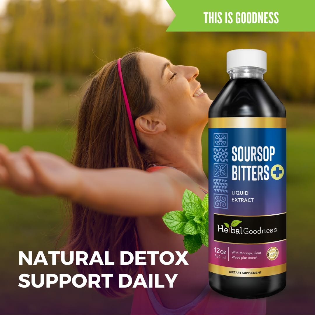Herbal Goodness Soursop Bitters daily-use setup suggests simple addition to meals.