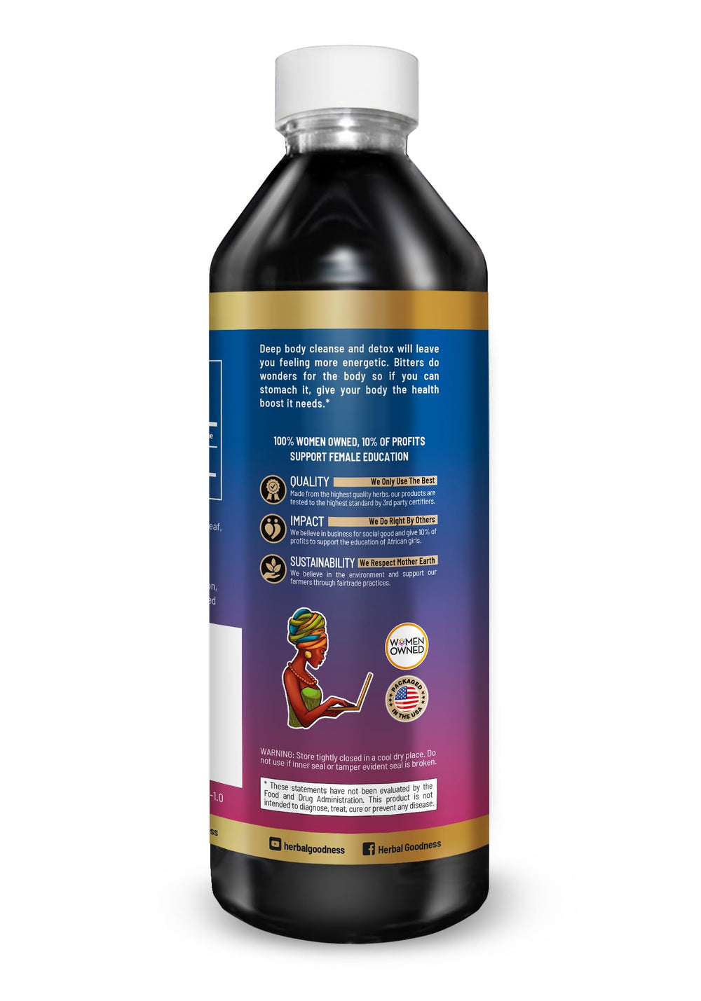 Herbal Goodness Soursop Bitters ingredients panel highlights moringa, papaya, and ginger blend.