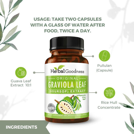 Herbal Goodness Soursop bottle label displaying organic certification and purity.