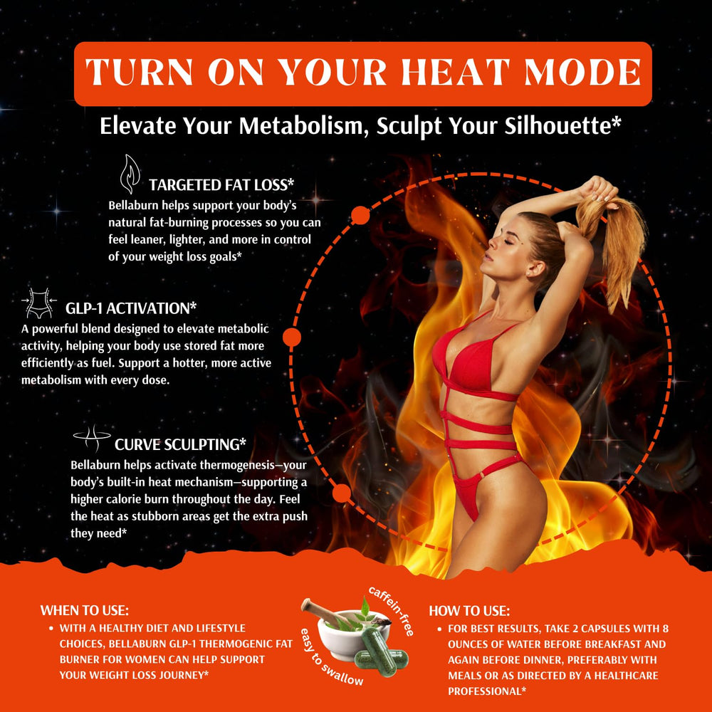 Herbal Hot Bellaburn capsules closeup, clean formula for appetite control.