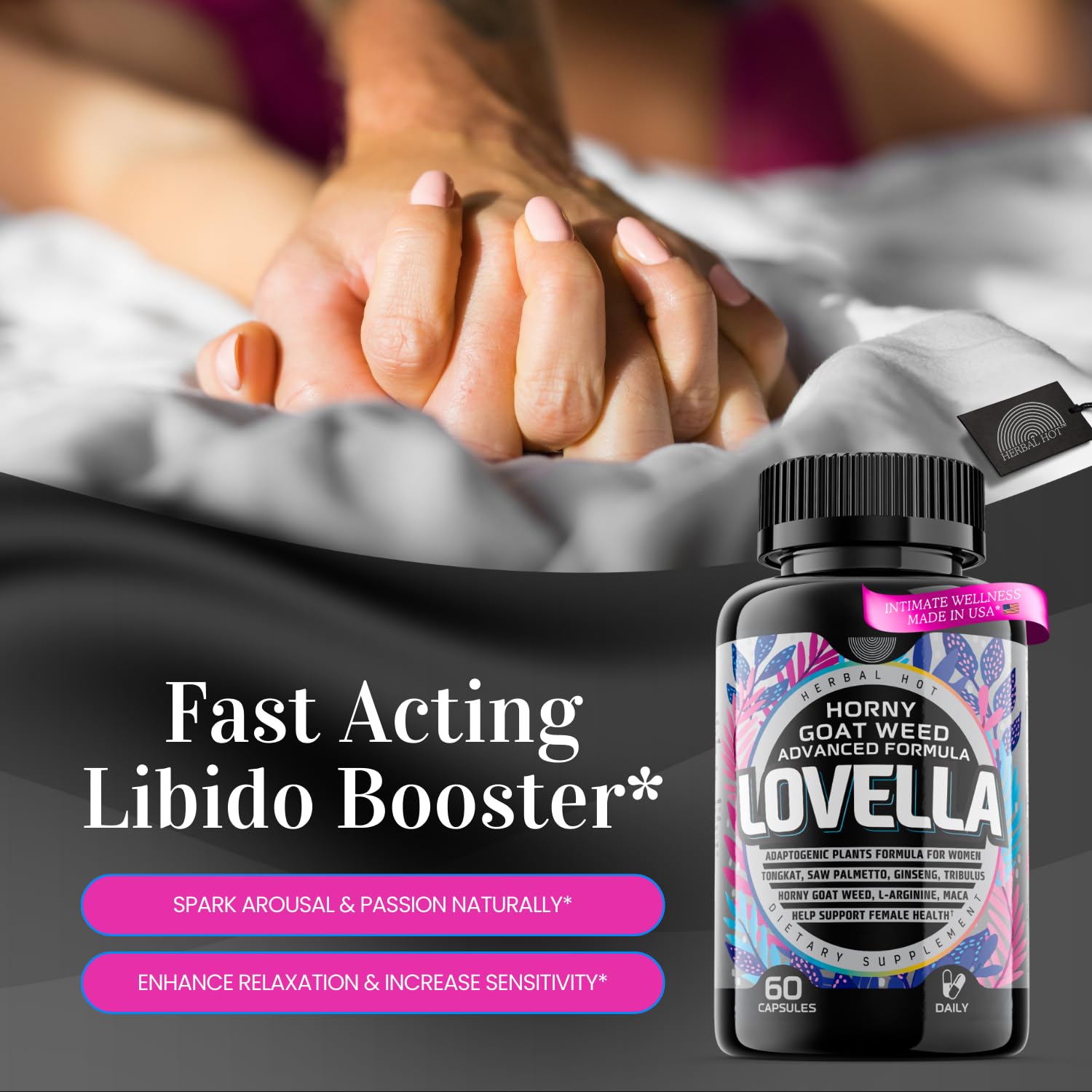 HERBAL HOT Tongkat Ali for women capsules shown for vitality and focus.
