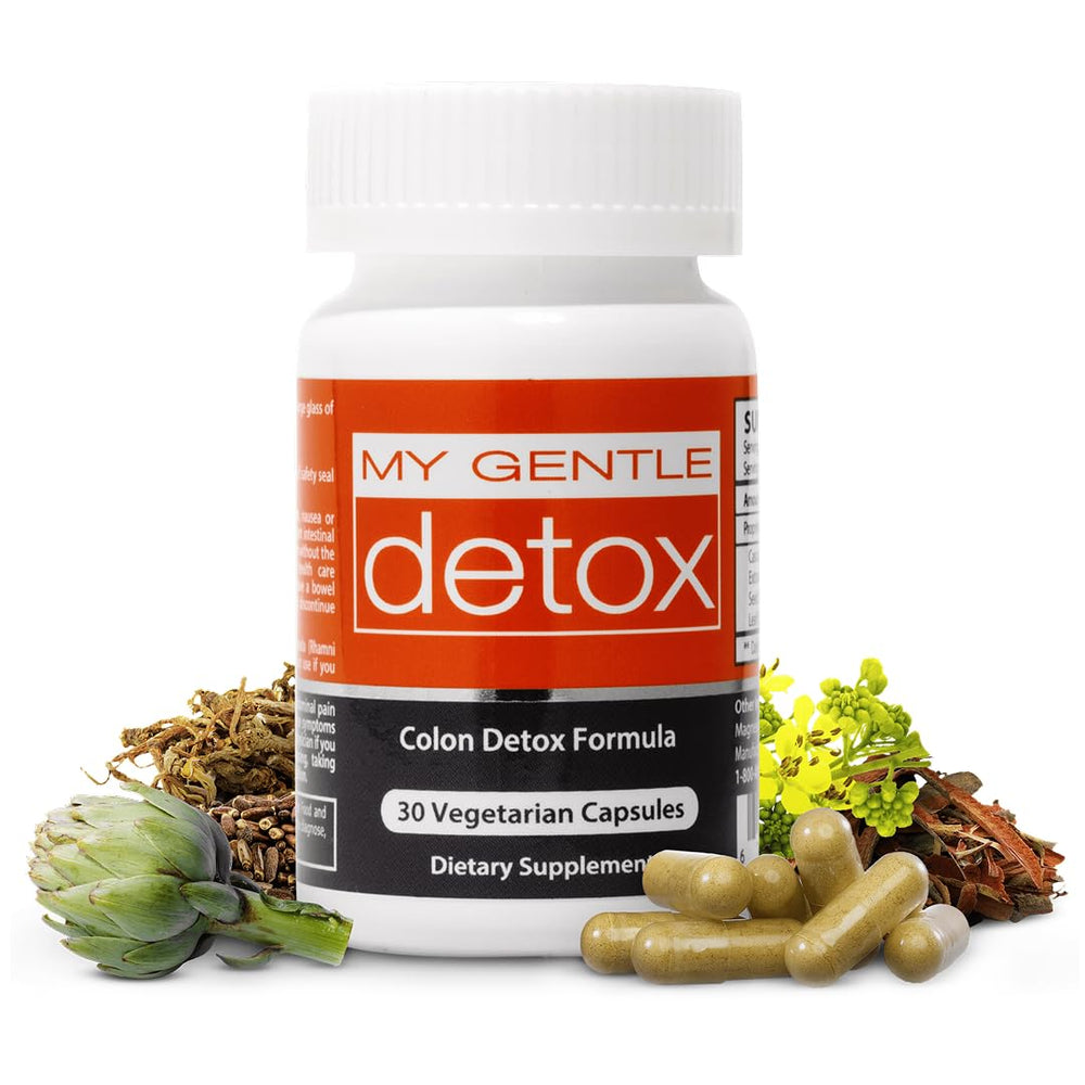 Herbal Nitro My Gentle Detox bottle pour suggesting overnight relief potential