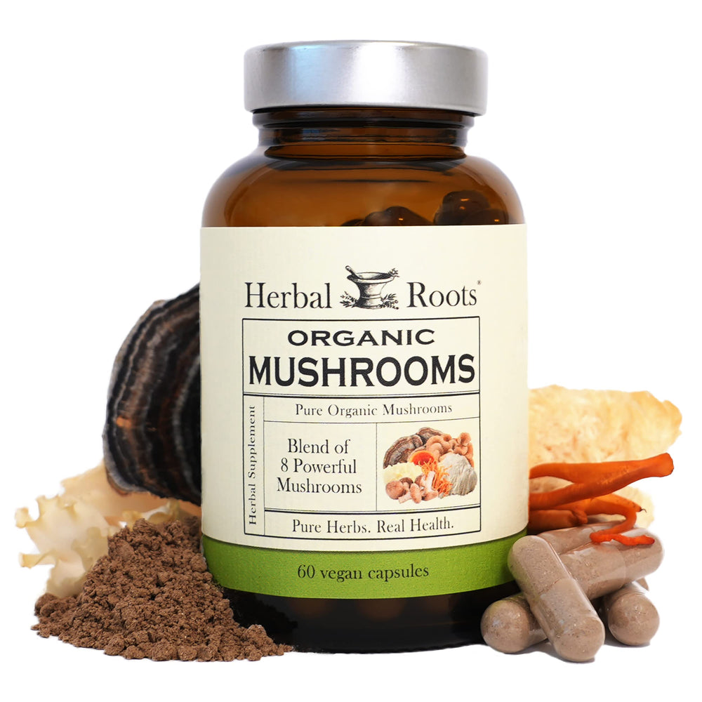 Herbal Roots 8 Mushroom Blend bottle with capsules for daily wellness.
