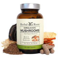 Herbal Roots 8 Mushroom Blend bottle with capsules for daily wellness.