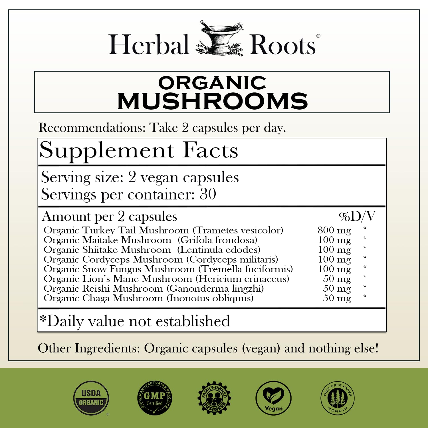 Herbal Roots capsules close-up shows fruiting bodies for immune support.