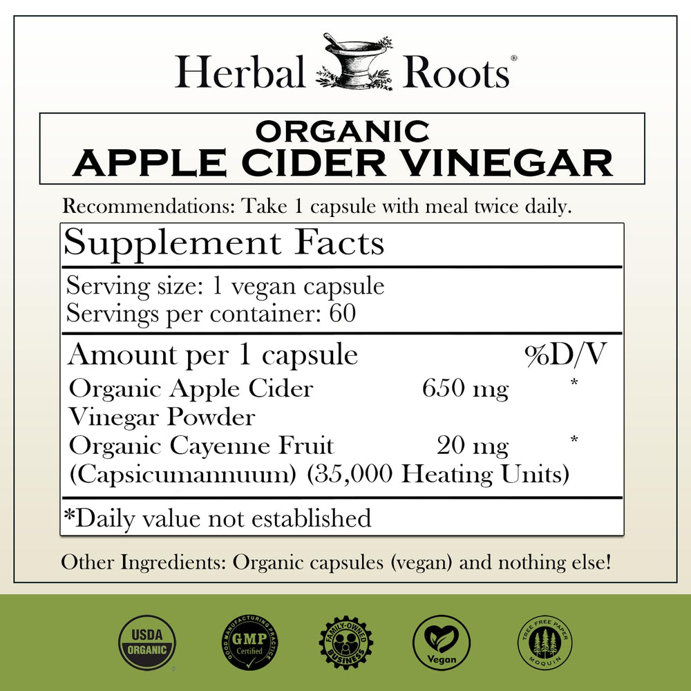 Herbal Roots ACV capsules with mother and cayenne label close-up