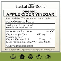 Herbal Roots ACV capsules with mother and cayenne label close-up