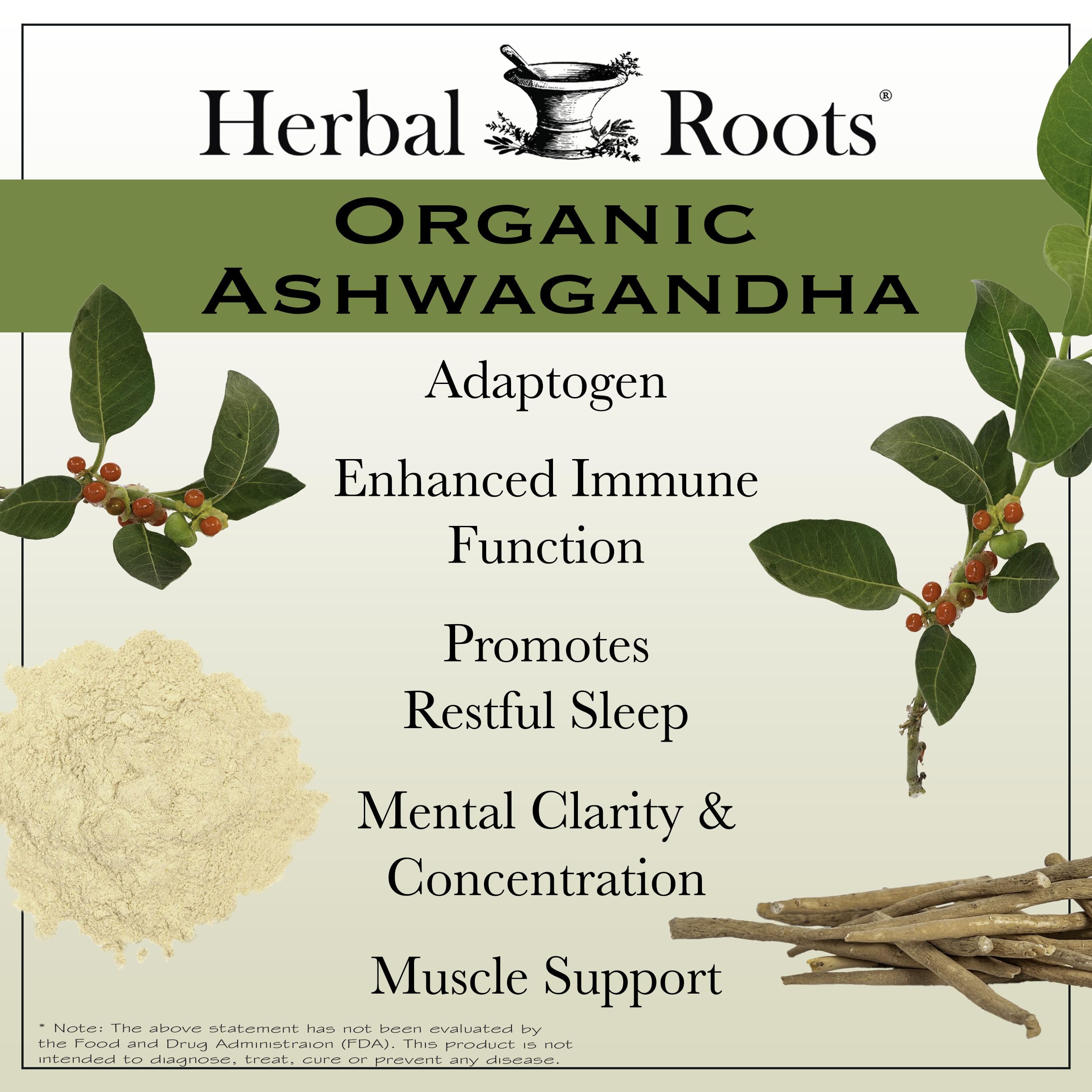 Herbal Roots Ashwagandha bottle label detailing 1000mg per serving