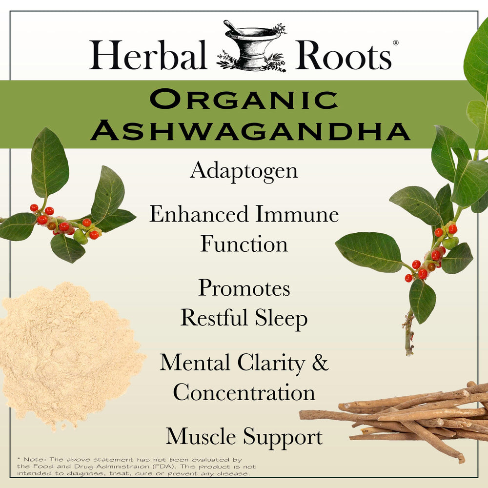 Herbal Roots Ashwagandha bottle label detailing 1000mg per serving