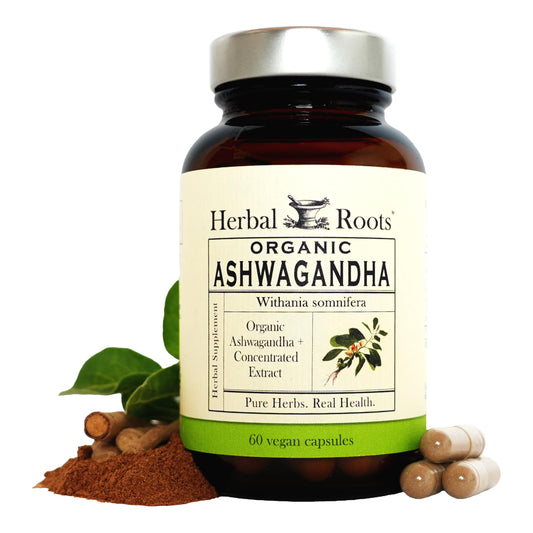 Herbal Roots Ashwagandha bottle on shelf for daily balance