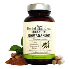 Herbal Roots Ashwagandha bottle on shelf for daily balance