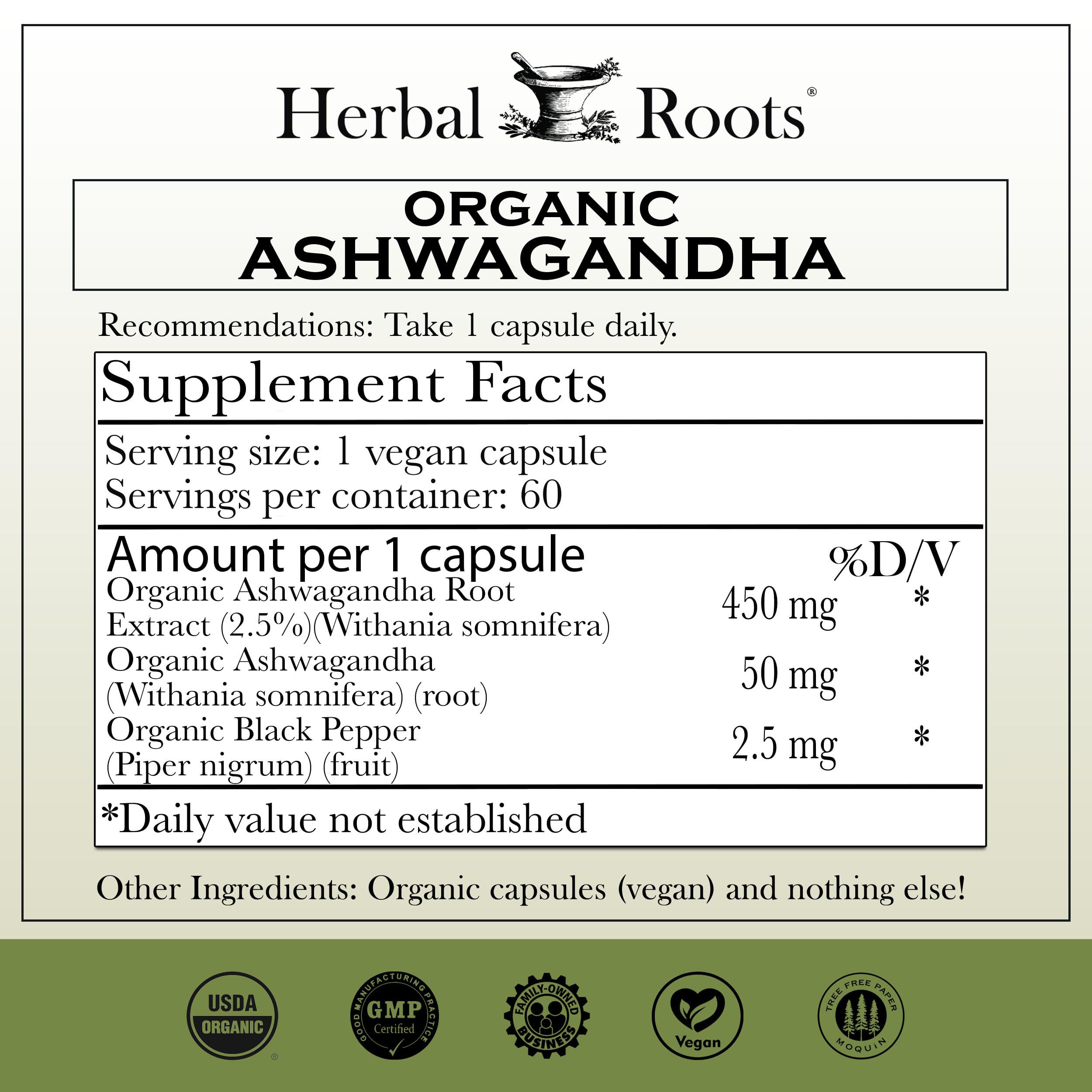 Close-up of Herbal Roots Ashwagandha capsules showing vegan formula