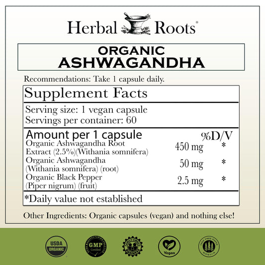 Close-up of Herbal Roots Ashwagandha capsules showing vegan formula