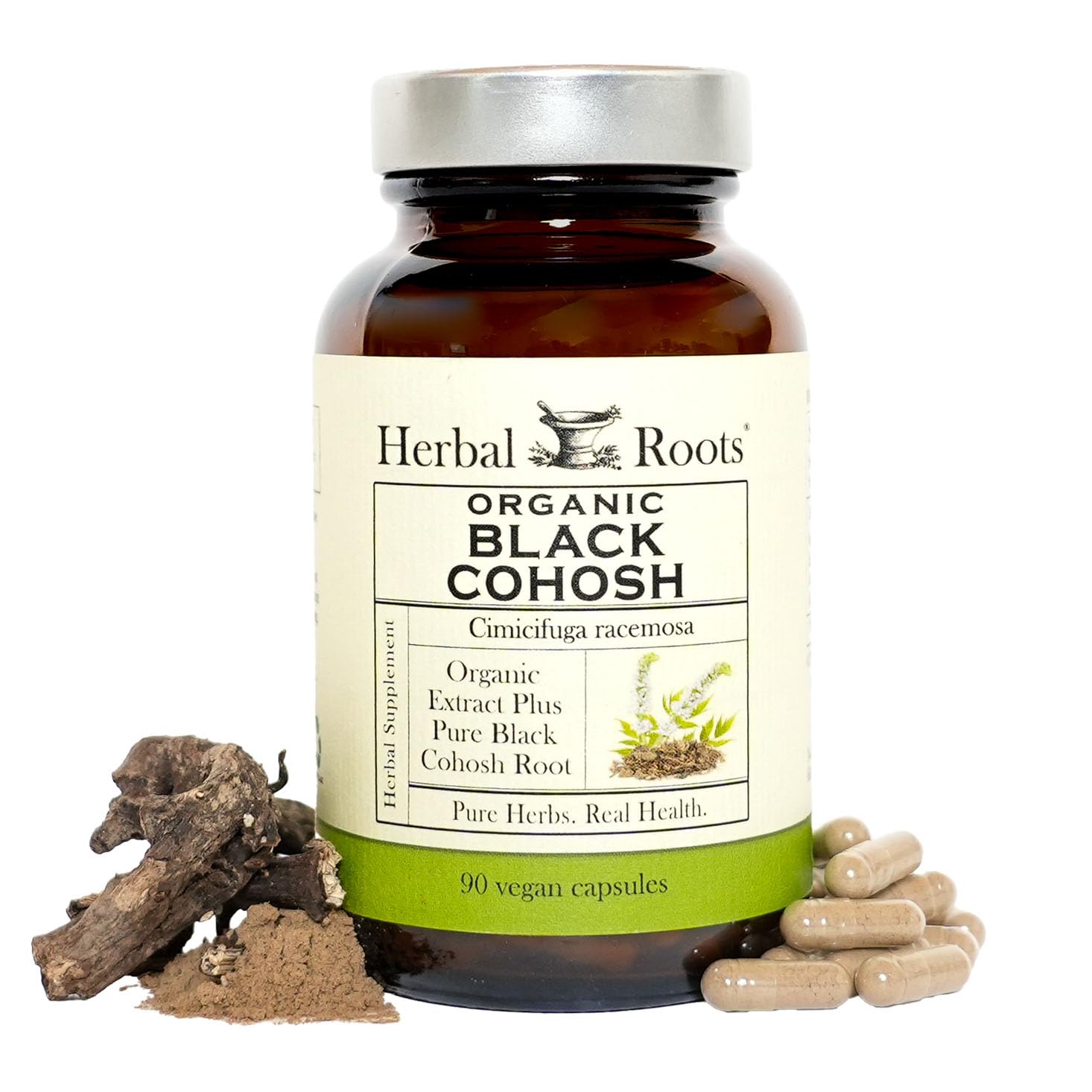 Herbal Roots Black Cohosh bottle 90 capsules for convenient menopause support.