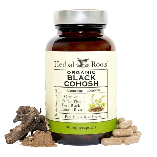 Herbal Roots Black Cohosh bottle 90 capsules for convenient menopause support.