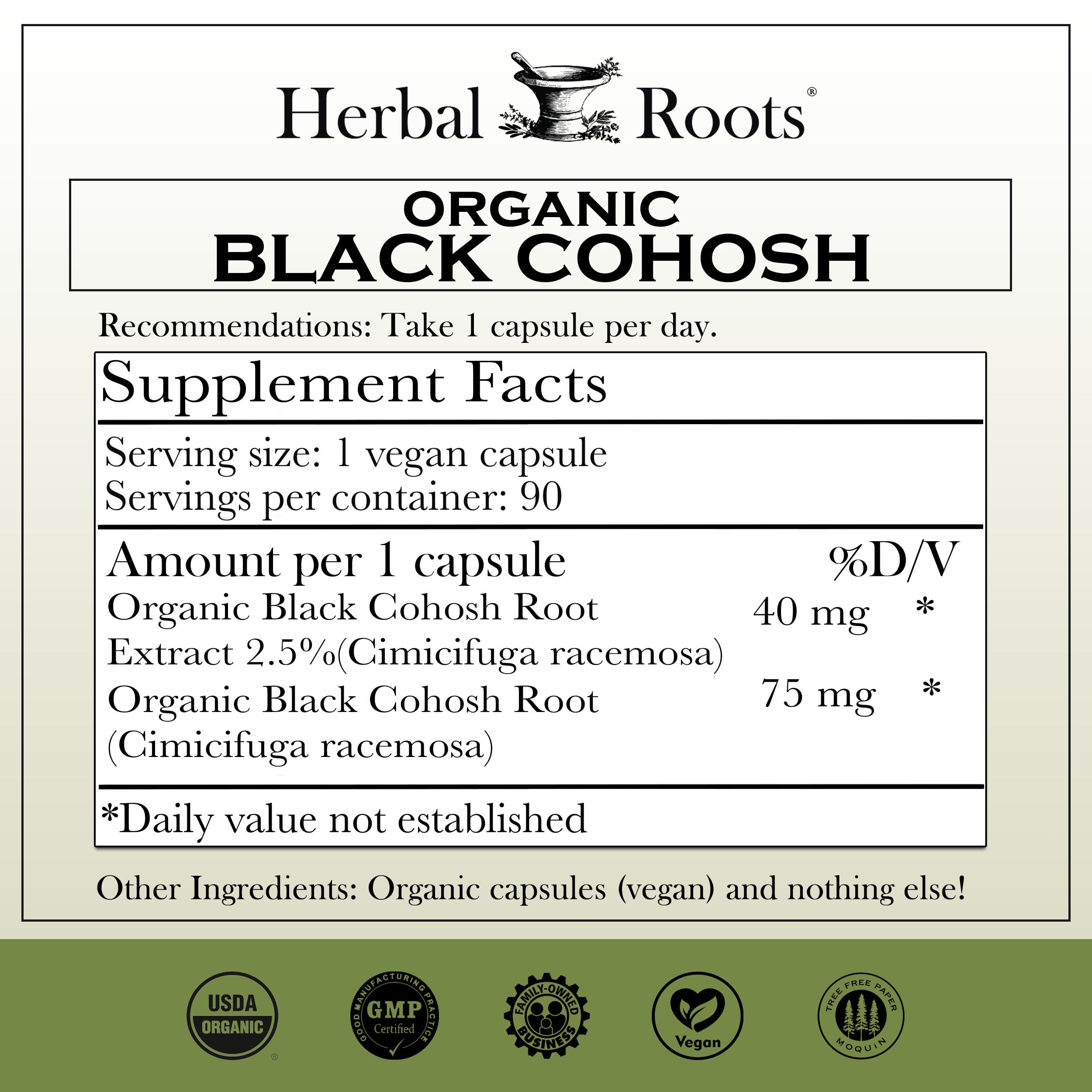 Herbal Roots Black Cohosh label close-up highlighting organic, vegan ingredients.