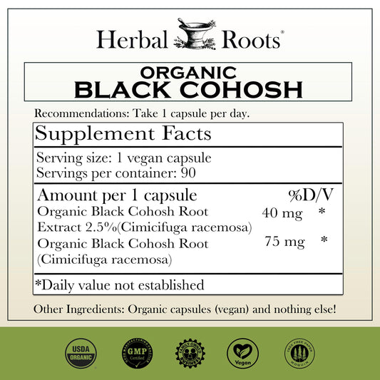 Herbal Roots Black Cohosh label close-up highlighting organic, vegan ingredients.