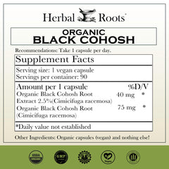 Herbal Roots Black Cohosh label close-up highlighting organic, vegan ingredients.