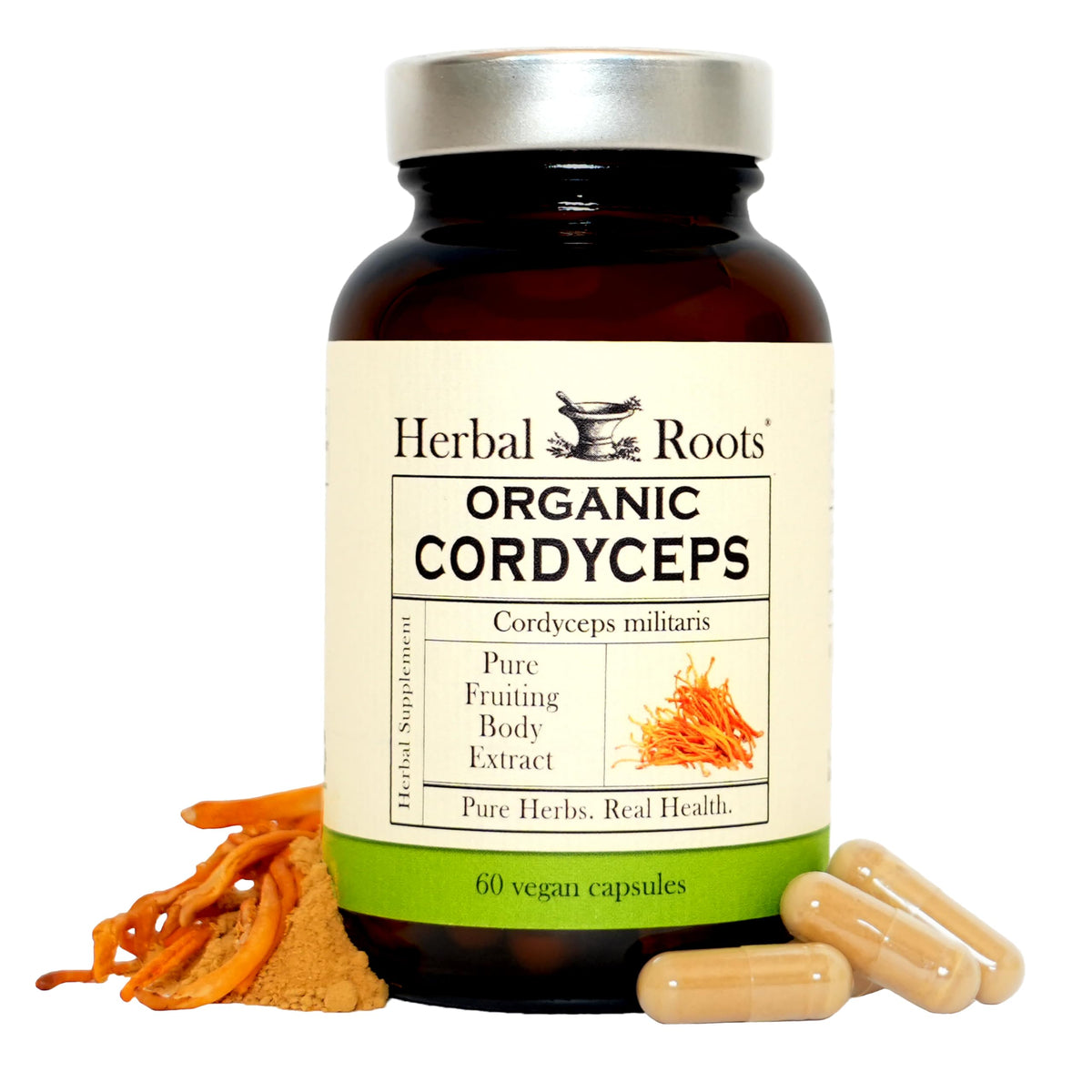 Herbal Roots Cordyceps bottle close-up highlighting vegan capsules for immune support