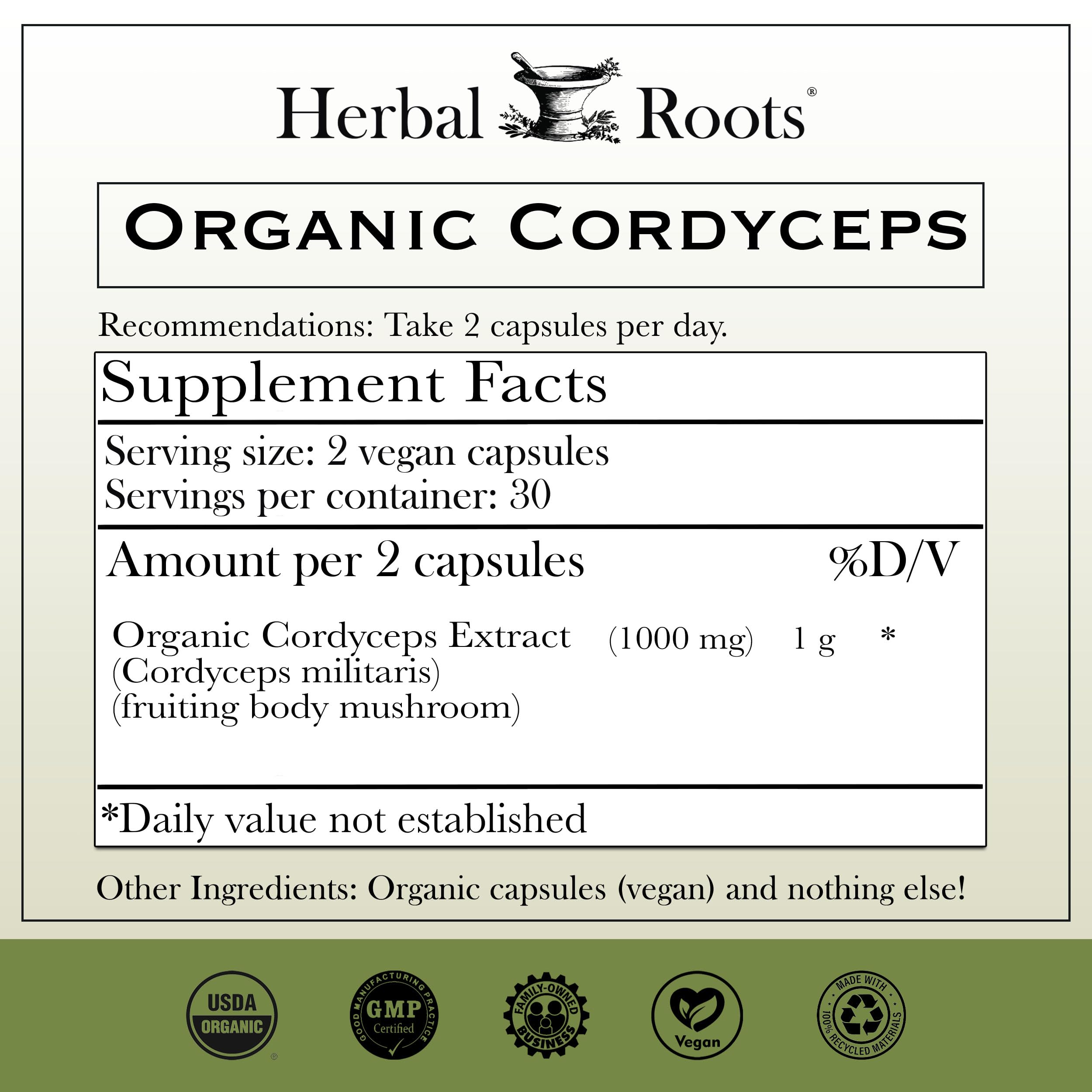 Herbal Roots Cordyceps capsules close-up showcasing easy daily immune-supporting capsules