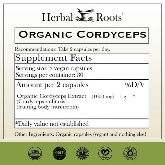 Herbal Roots Cordyceps capsules close-up showcasing easy daily immune-supporting capsules