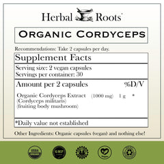 Herbal Roots Cordyceps capsules close-up showcasing easy daily immune-supporting capsules