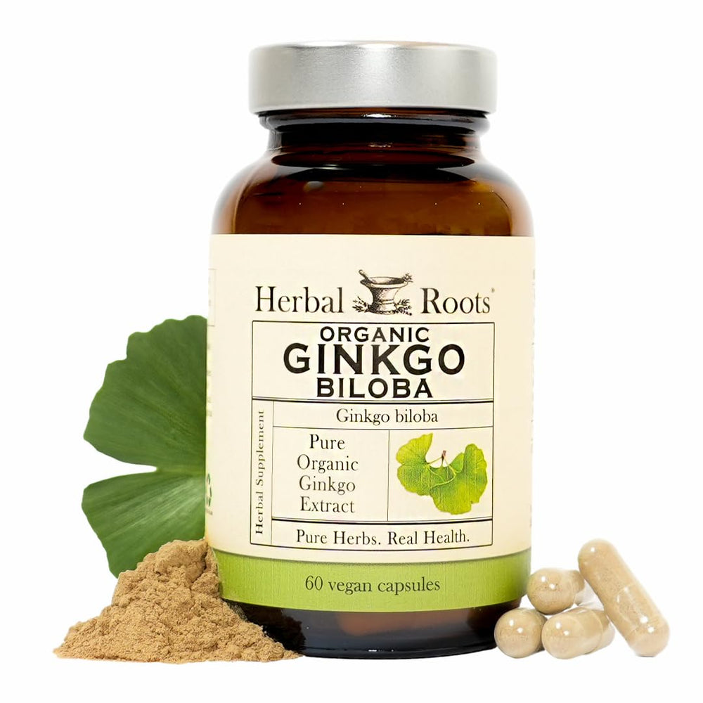 Herbal Roots Ginkgo Biloba bottle front showing pure leaf and extract benefits