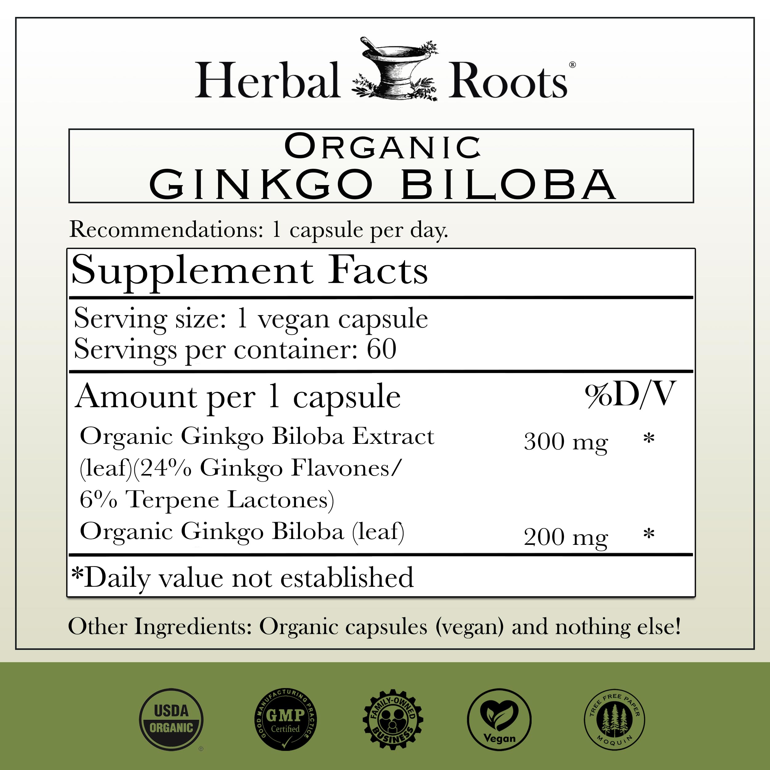 Herbal Roots Ginkgo Biloba capsules close-up in vegan form for daily use