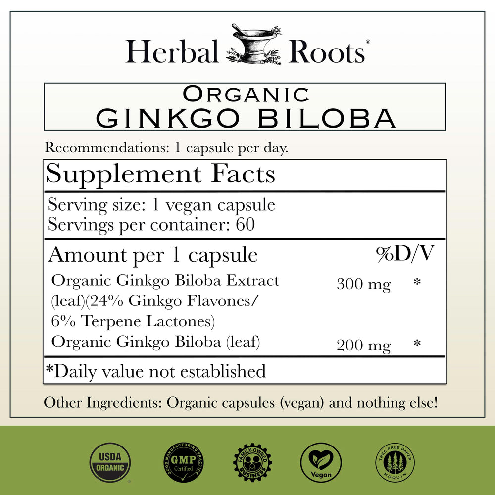 Herbal Roots Ginkgo Biloba capsules close-up in vegan form for daily use