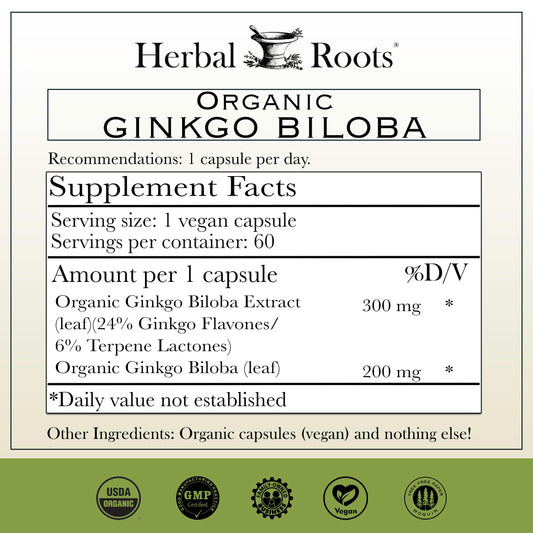 Herbal Roots Ginkgo Biloba capsules close-up in vegan form for daily use