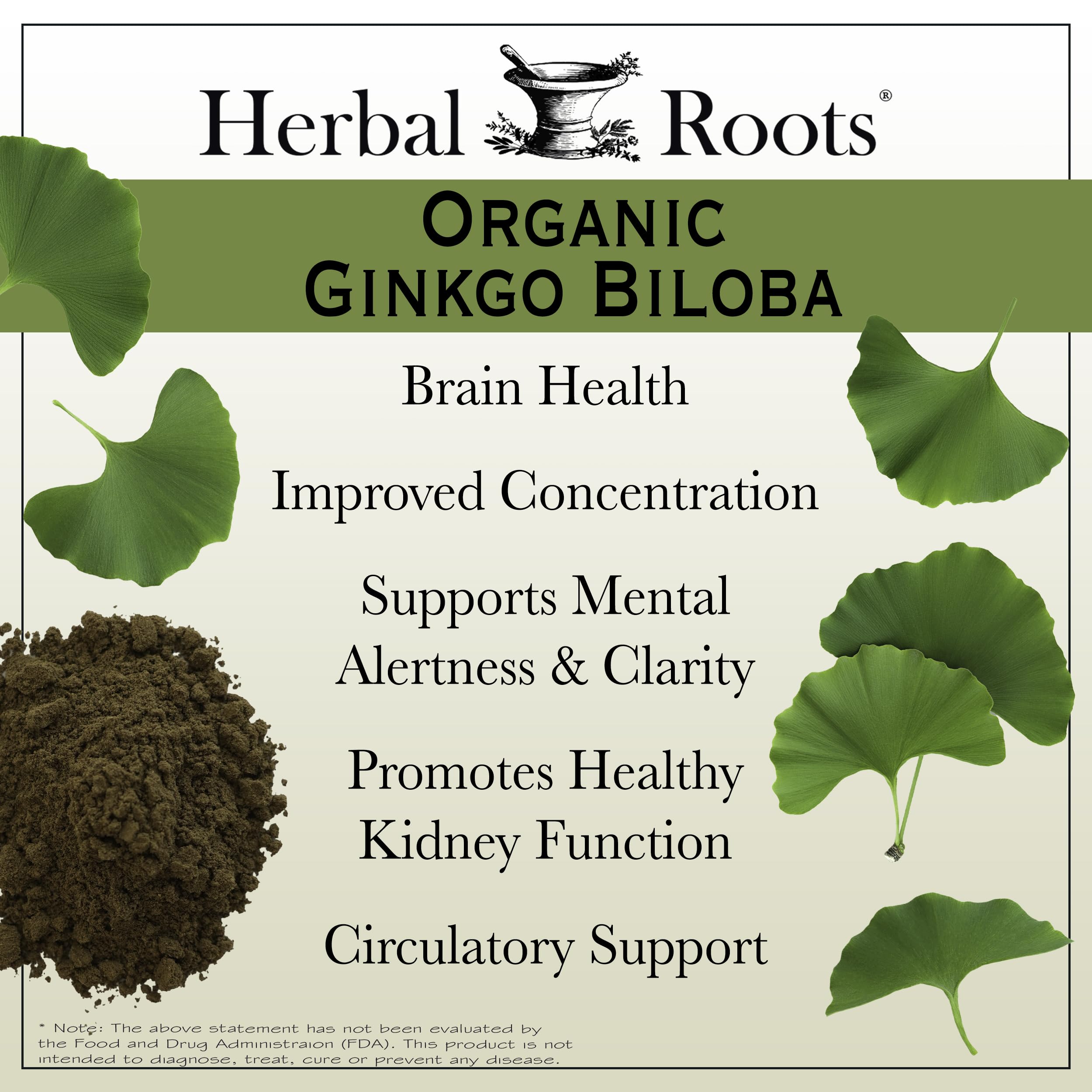 Herbal Roots Ginkgo Biloba label detail highlights purity and no additives