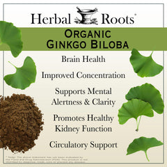 Herbal Roots Ginkgo Biloba label detail highlights purity and no additives