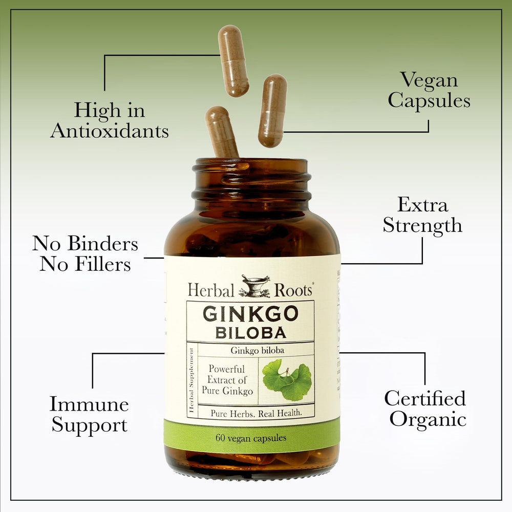 Herbal Roots Ginkgo Biloba packaging box emphasizing quality standards