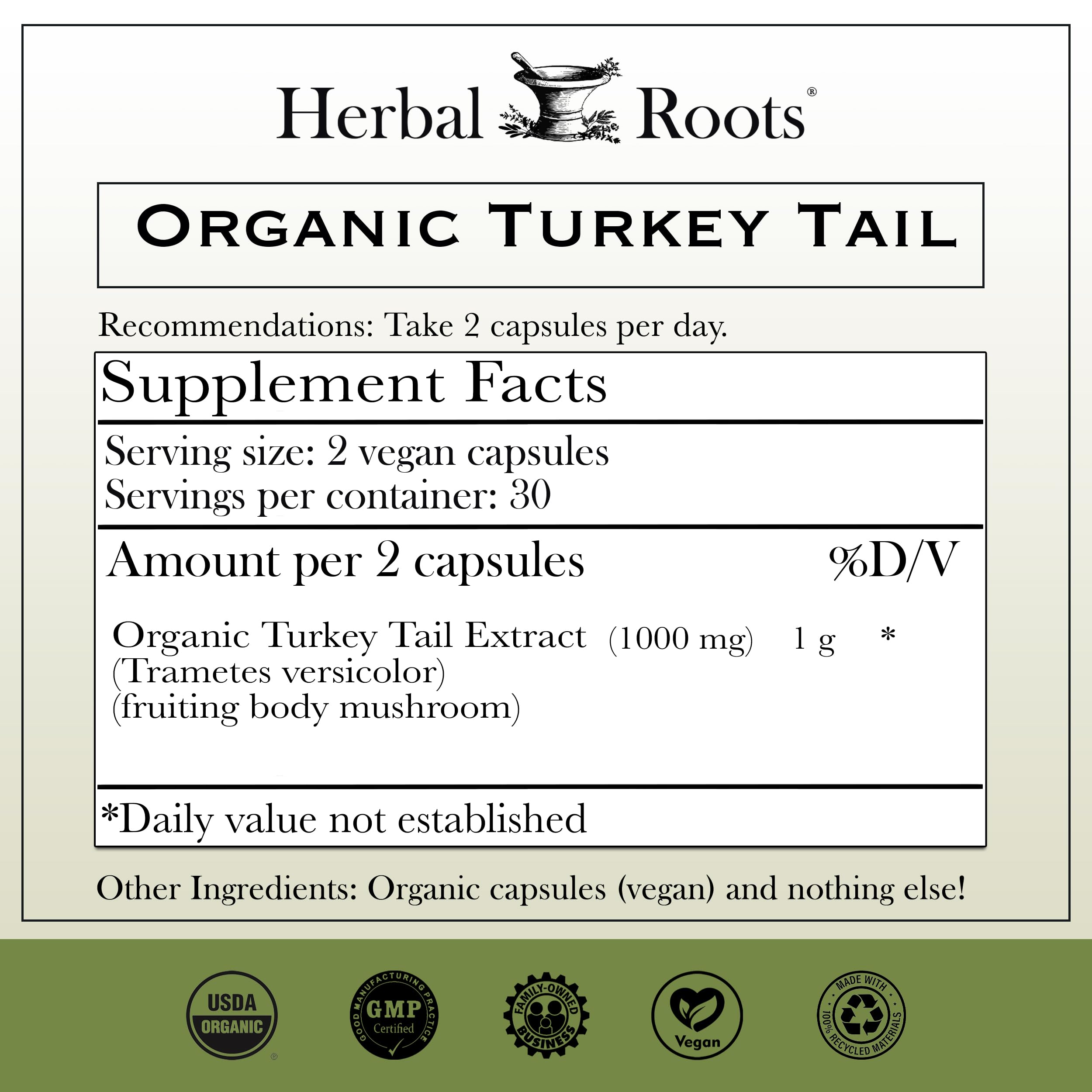 Herbal Roots immune support capsule with turkey tail formula