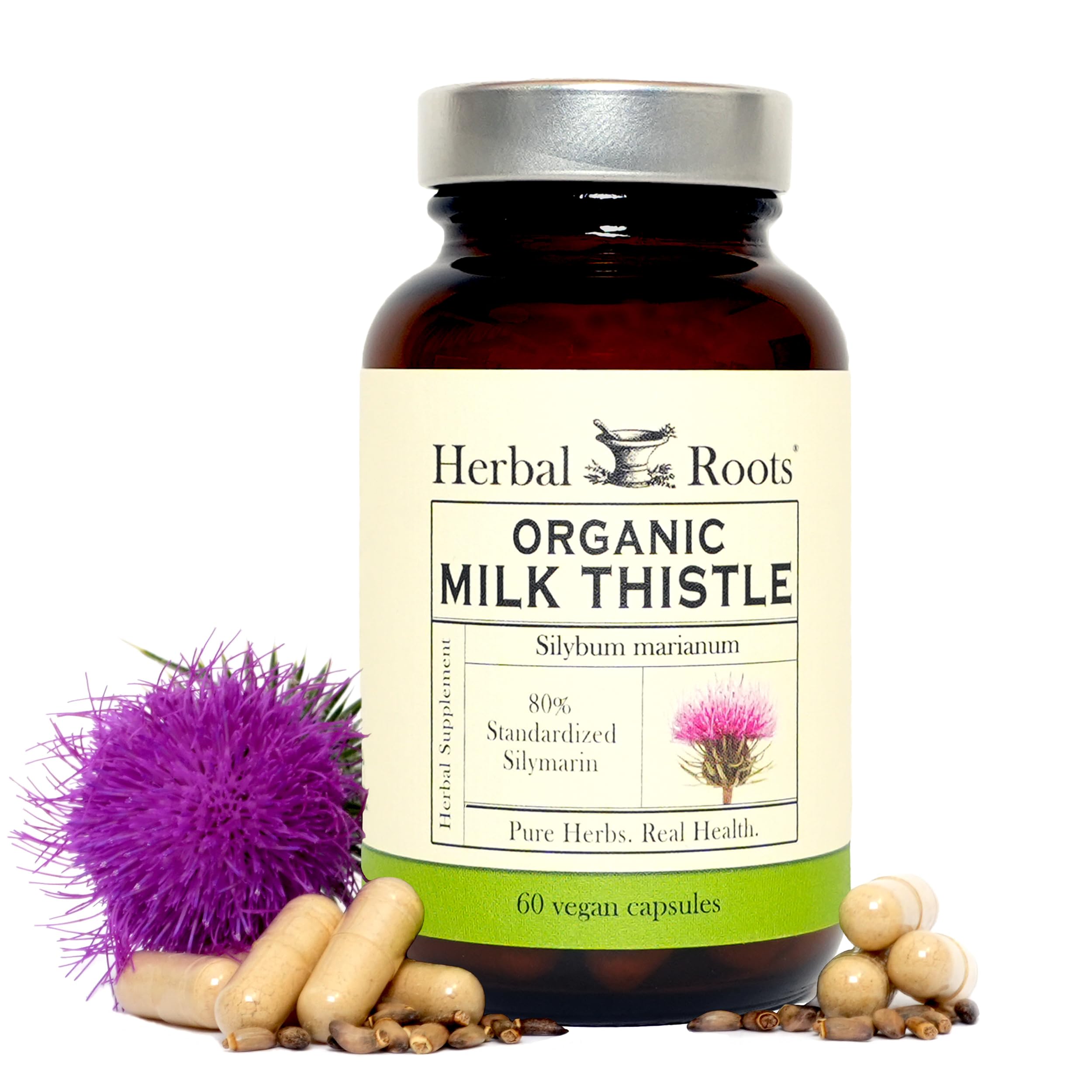 Herbal Roots Milk Thistle capsules bottle with pure organic formula for daily wellness.
