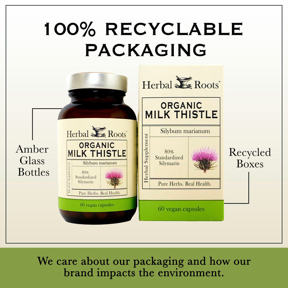 Herbal Roots Milk Thistle capsules inside-view highlights pure organic milk thistle.