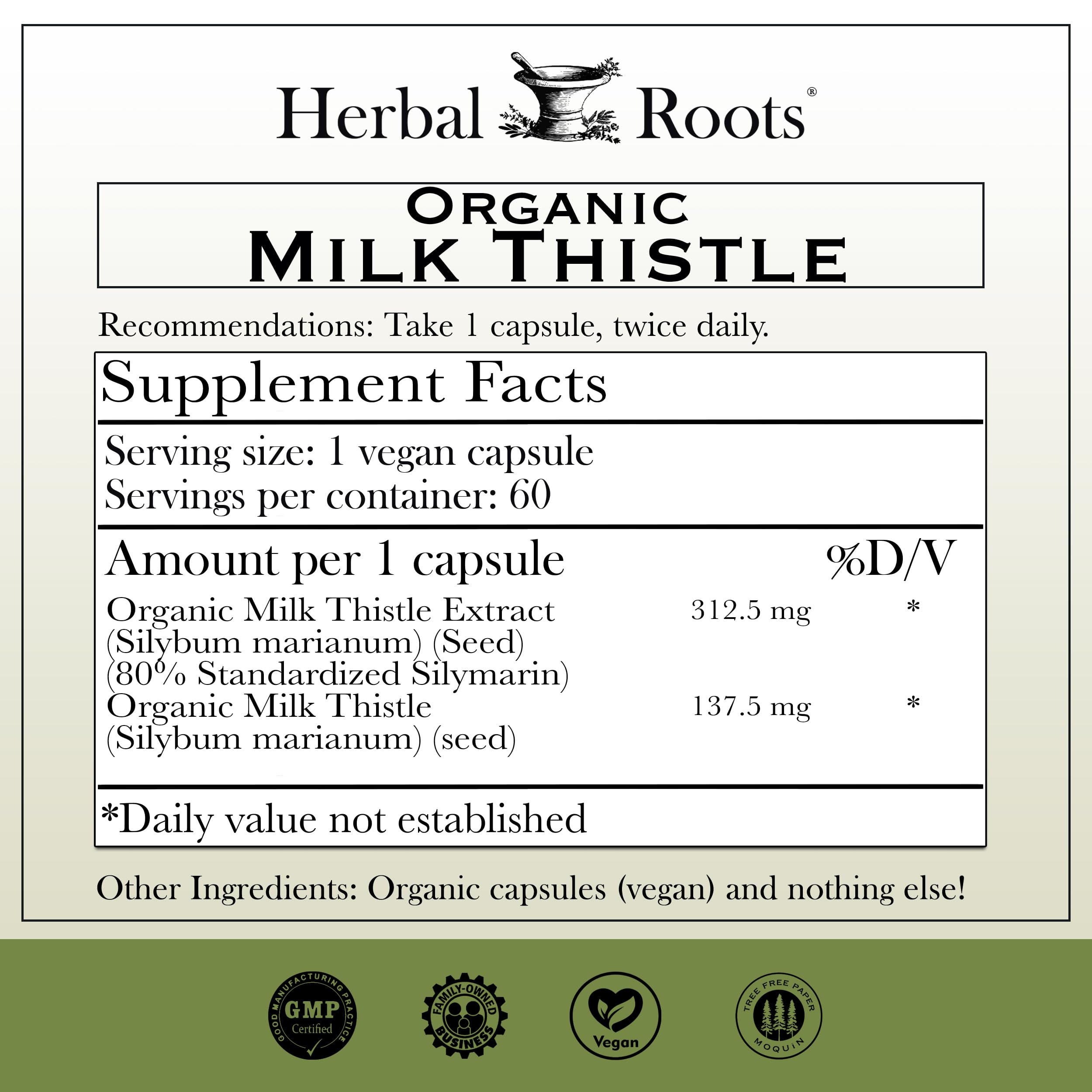 Herbal Roots Milk Thistle capsules label closeup highlighting vegan and GMO-free ingredients.