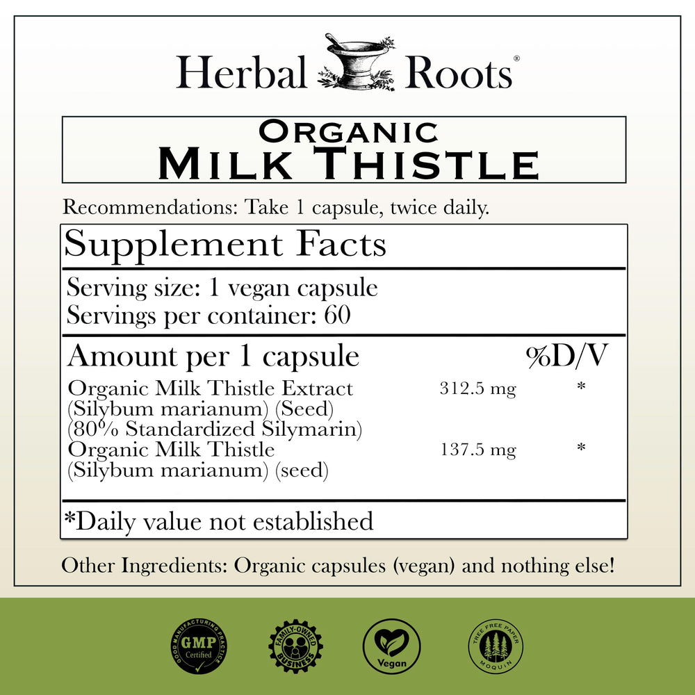 Herbal Roots Milk Thistle capsules label closeup highlighting vegan and GMO-free ingredients.