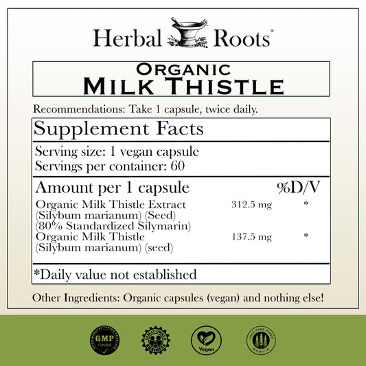 Herbal Roots Milk Thistle capsules label closeup highlighting vegan and GMO-free ingredients.