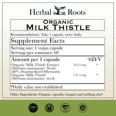 Herbal Roots Milk Thistle capsules label closeup highlighting vegan and GMO-free ingredients.
