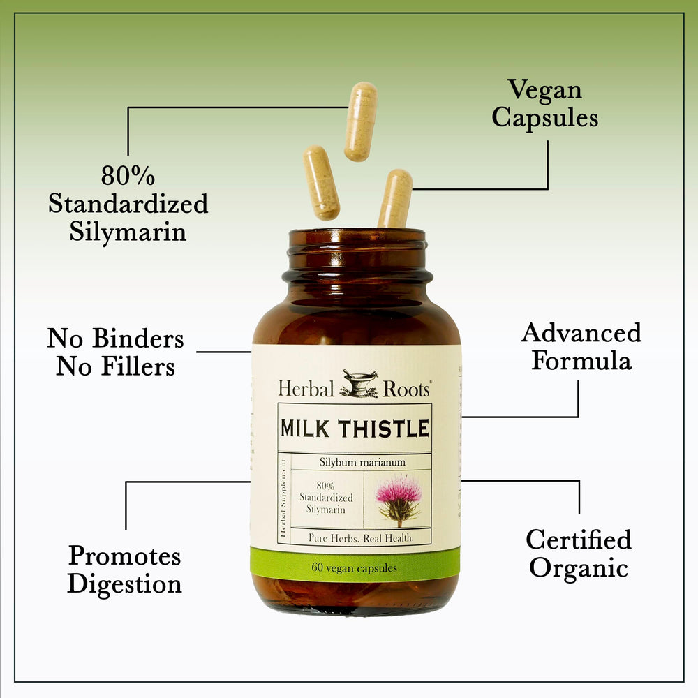 Herbal Roots Milk Thistle capsules packaging shows cGMP quality and third-party testing.