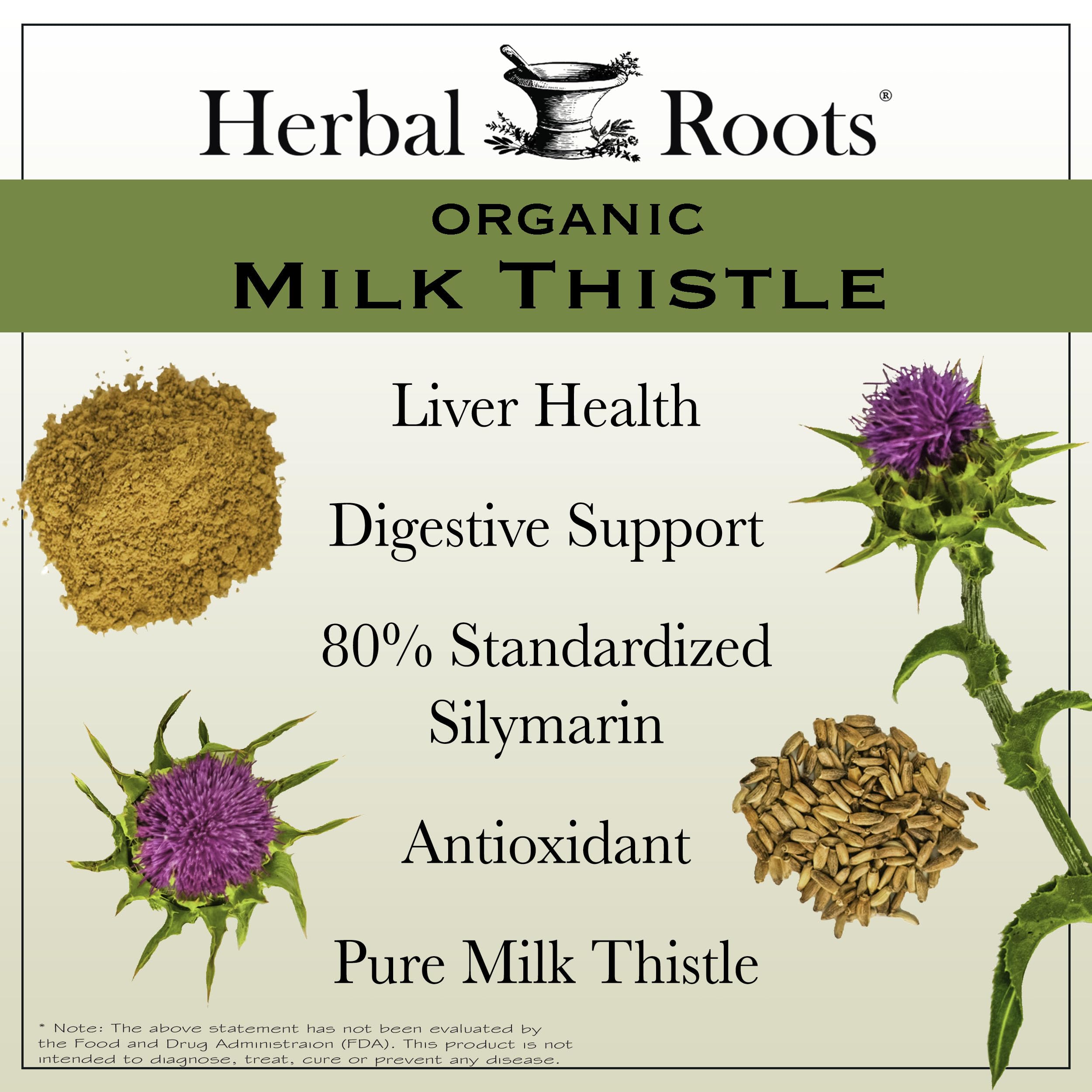 Herbal Roots Milk Thistle capsules pour showing easy daily dosage and convenience.