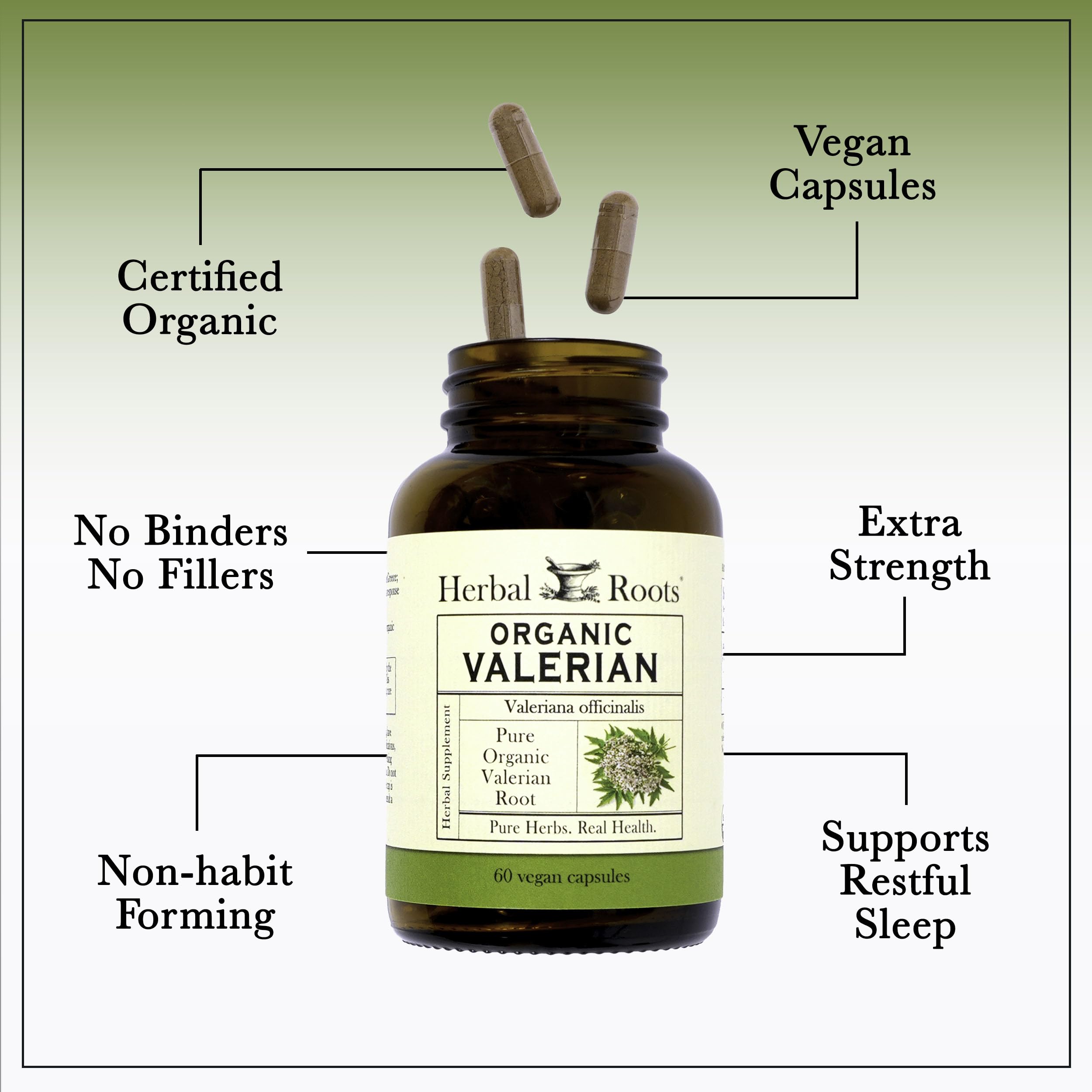 Herbal Roots non-GMO valerian capsules package signals plant-based sleep support.