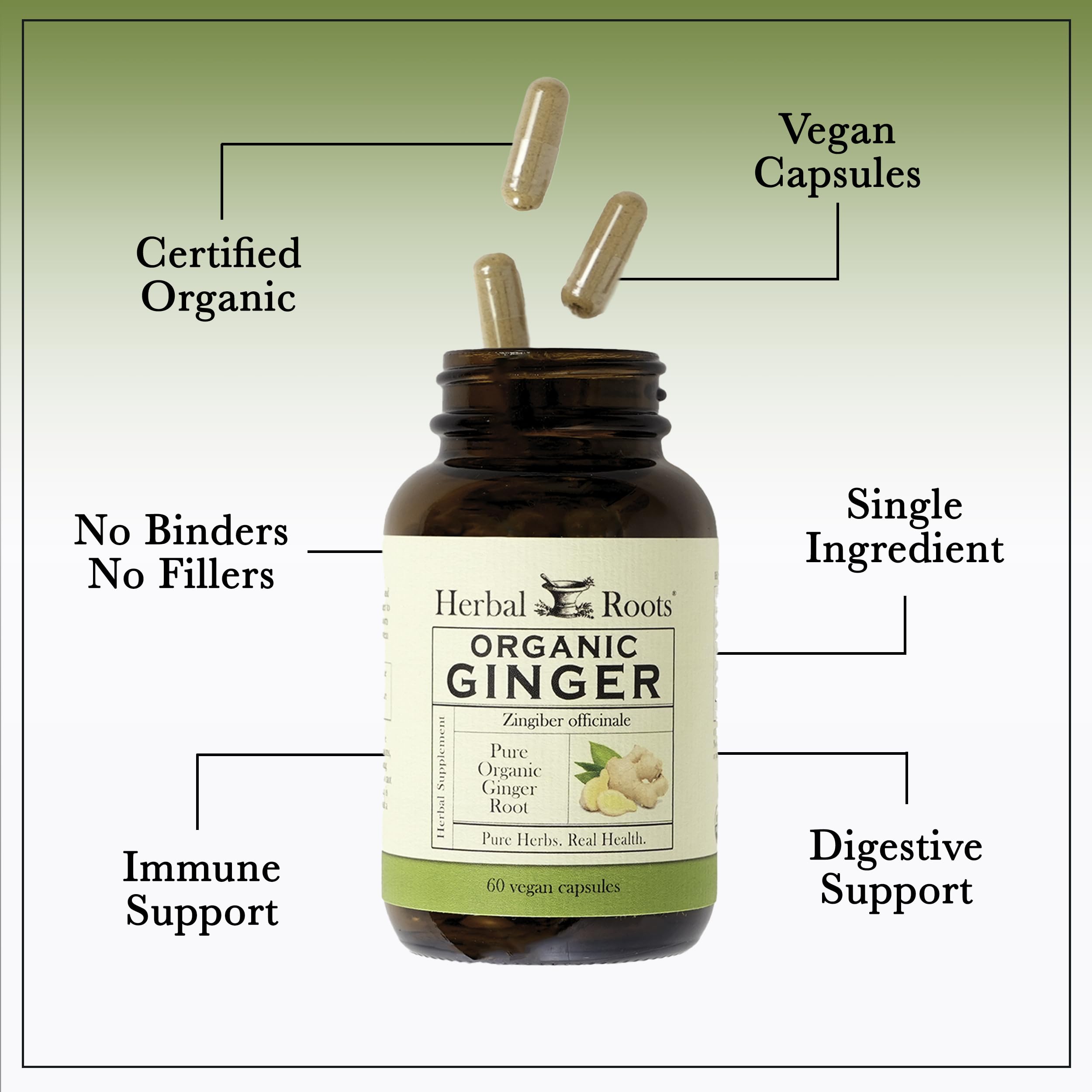 Herbal Roots organic certifications label displays third party testing and cGMP production.