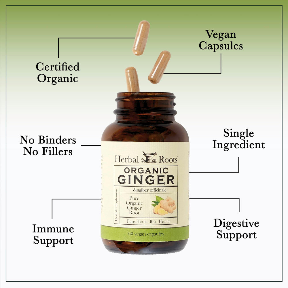 Herbal Roots organic certifications label displays third party testing and cGMP production.